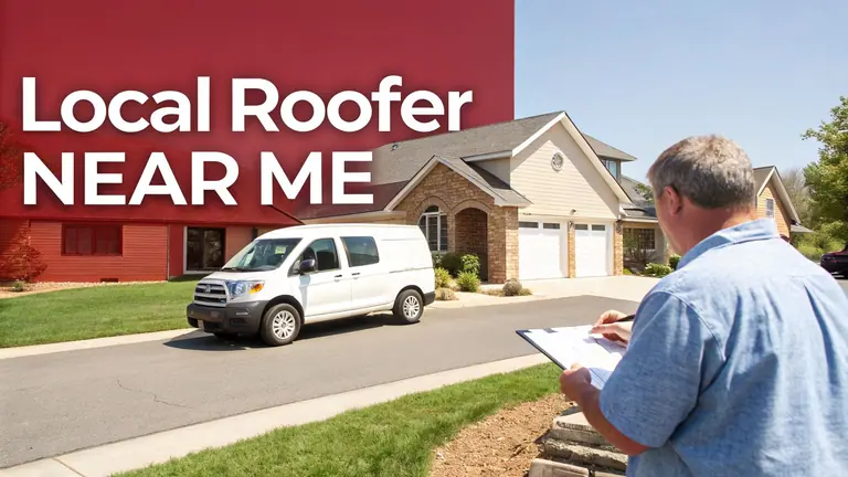 A local roofer inspects residential homes, writing on a clipboard, with a work van nearby.