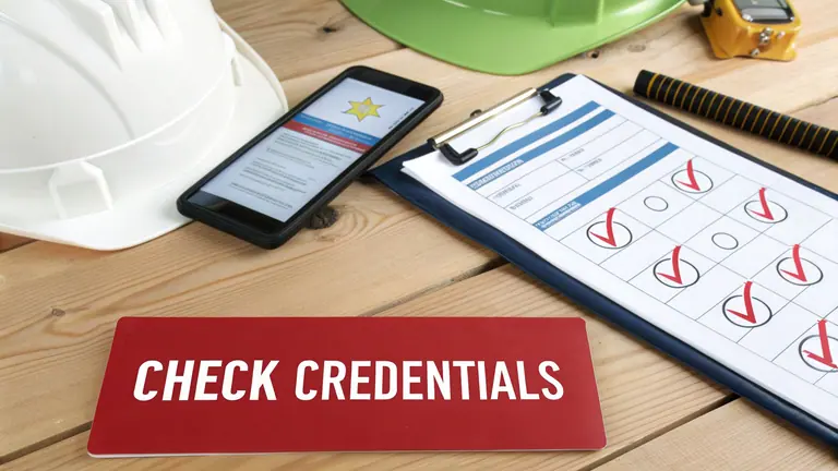 A red sign states 'CHECK CREDENTIALS' next to a hard hat, smartphone, and clipboard with a safety checklist.