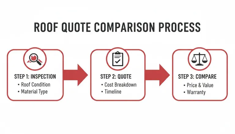 Diagram showing a three-step roof quote comparison process: inspection, quote review, and final comparison.