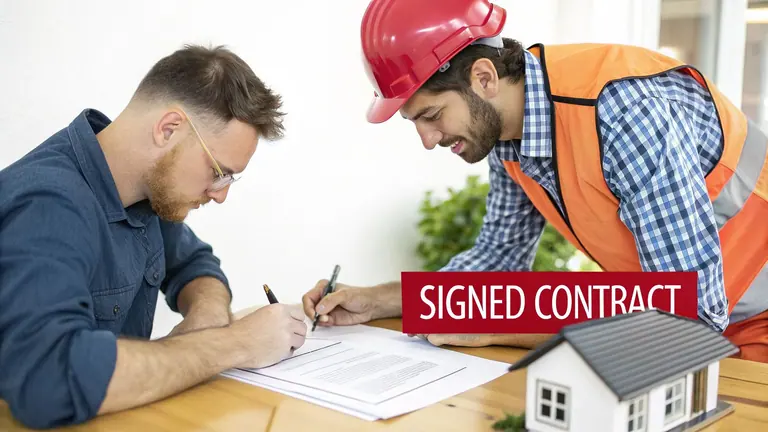 Two men, one a construction contractor in a hard hat, sign a contract on a table next to a model house.