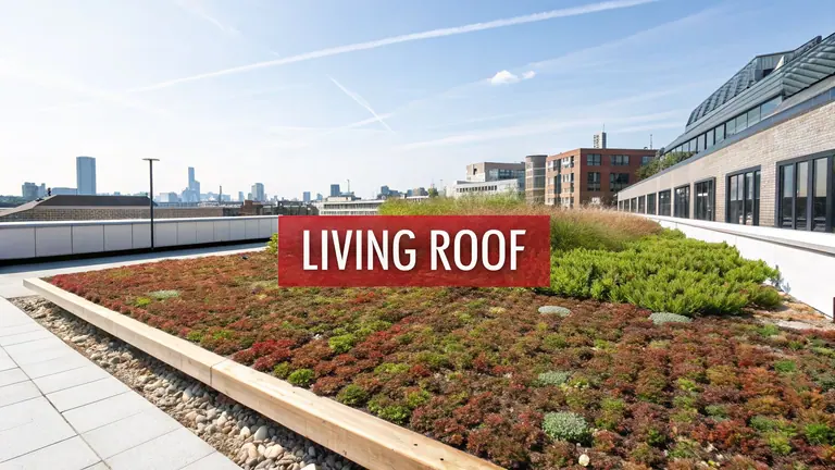 A vibrant living roof with diverse plants, overlooking a city skyline under a clear blue sky.