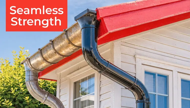 A close-up view of a metal gutter system on the exterior corner of a wooden house.