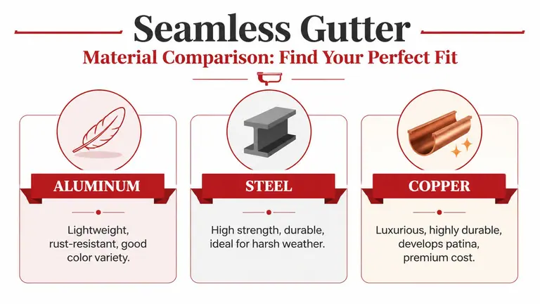 A comparison chart showing three gutter materials: lightweight aluminum, high-strength steel, and premium, durable copper.