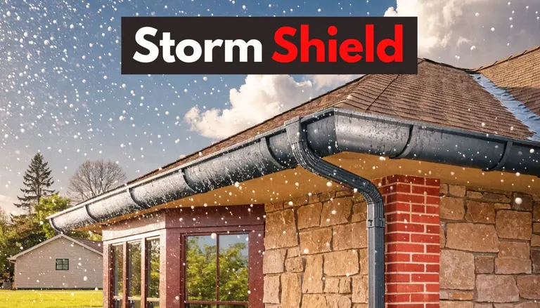 Exterior view of a residential home featuring high-quality dark seamless gutters during a light rainstorm.