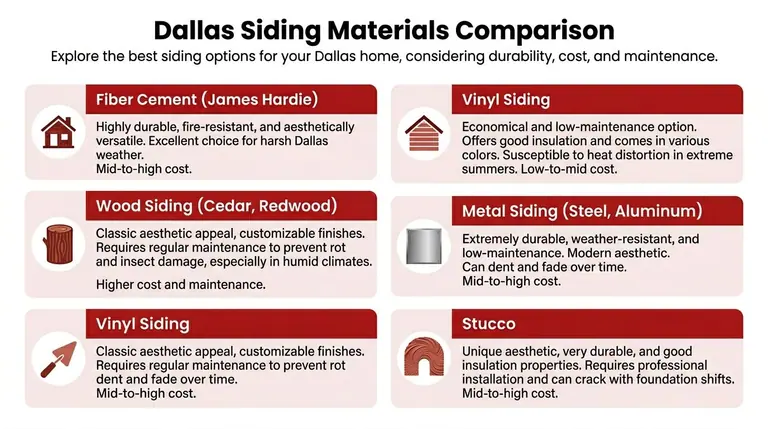 A comparison chart of various siding materials for homes in Dallas, including fiber cement, vinyl, and wood.