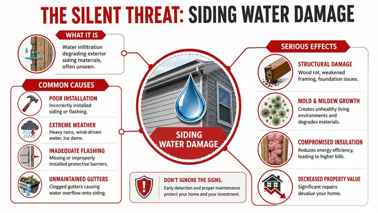 An infographic titled The Silent Threat detailing causes and serious effects of siding water damage.