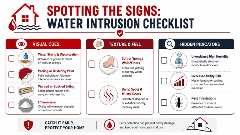An infographic checklist for identifying water intrusion in a home including visual cues, texture, and hidden signs.