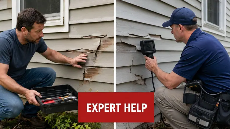 A man and a technician examining severe water damage on exterior house siding with diagnostic tools.
