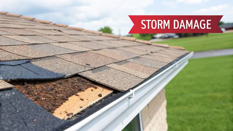 Residential roof with significant storm damage, missing shingles, exposed decking, and a 'STORM DAMAGE' banner.