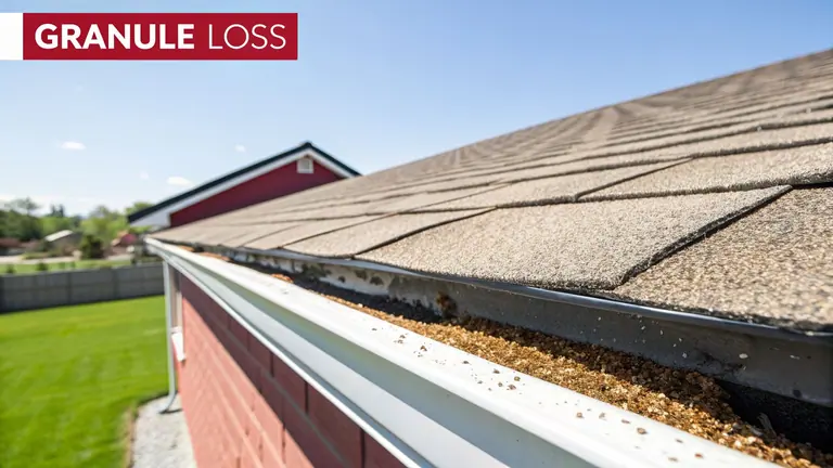 Close-up of a house roof with asphalt shingles showing significant granule loss collected in the gutter.