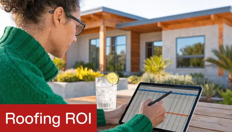 A professional analyzing roof coating financial data on a tablet while sitting on a patio.