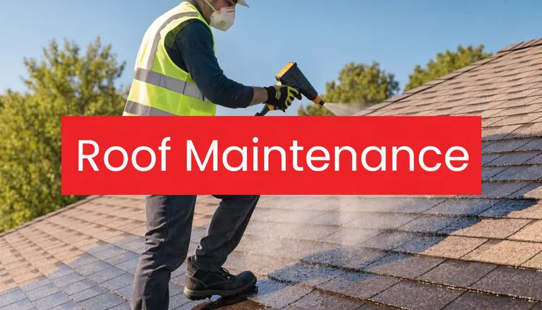 A professional roofing technician in safety gear power washing a sloped roof for routine maintenance.