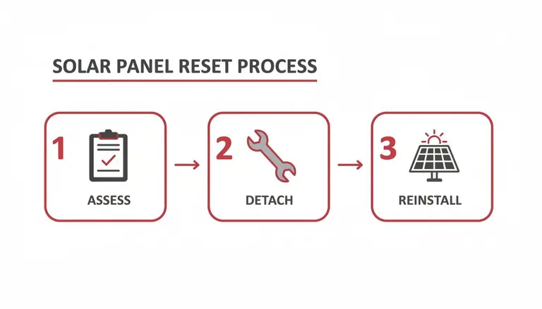 A three-step process for solar panel reset, showing assess, detach, and reinstall.