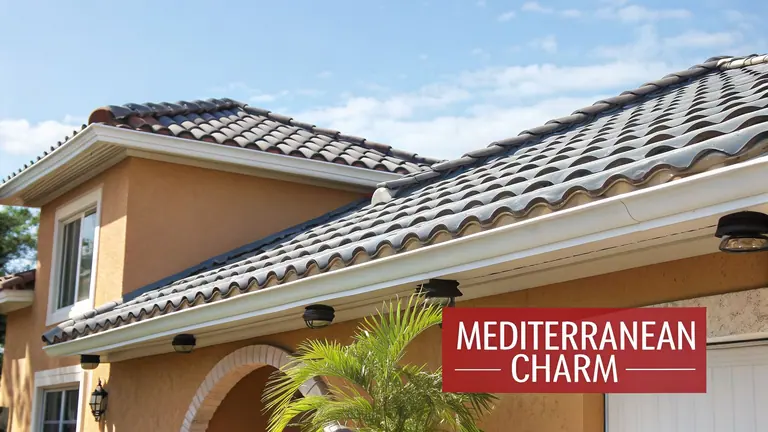 A Mediterranean-style house with reddish-brown and gray tile roofs, white gutters, and a light brown stucco exterior under a blue sky.