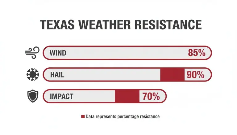 Infographic showing Texas weather resistance for wind, hail, and impact, with respective percentages.