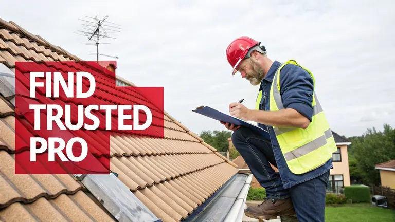 A professional in a hard hat inspects a tiled roof, writing notes on a clipboard with 'Find Trusted Pro' overlay.