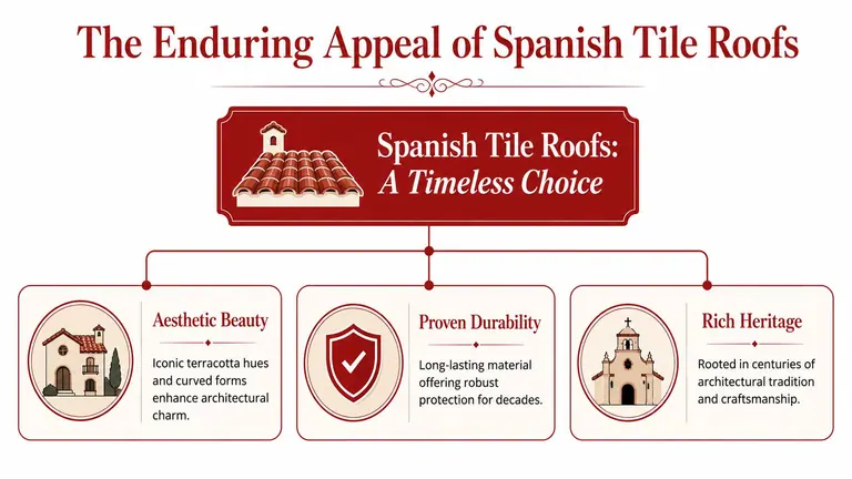 A visual infographic titled The Enduring Appeal of Spanish Tile Roofs highlighting aesthetics, durability, and rich heritage.