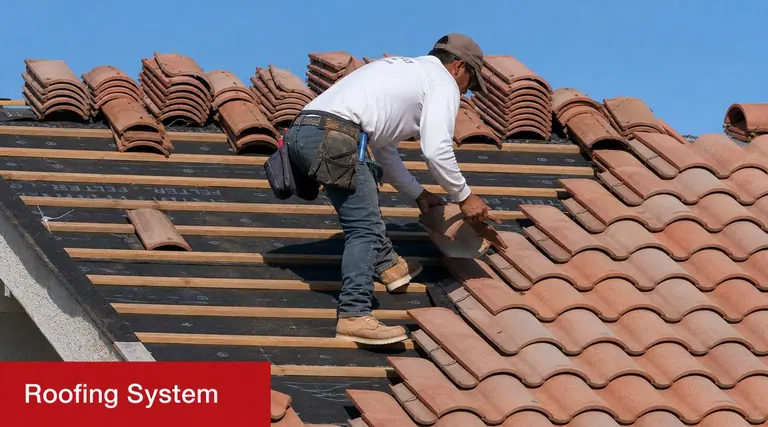 A professional roofer installing clay tiles on a steep roof with protective underlayment against a blue sky.