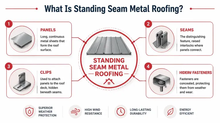 An infographic explaining the components of standing seam metal roofing, featuring panels, seams, clips, and hidden fasteners.