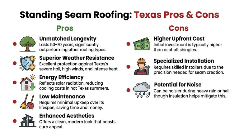 An infographic comparing the pros and cons of standing seam metal roofing in the Texas climate.