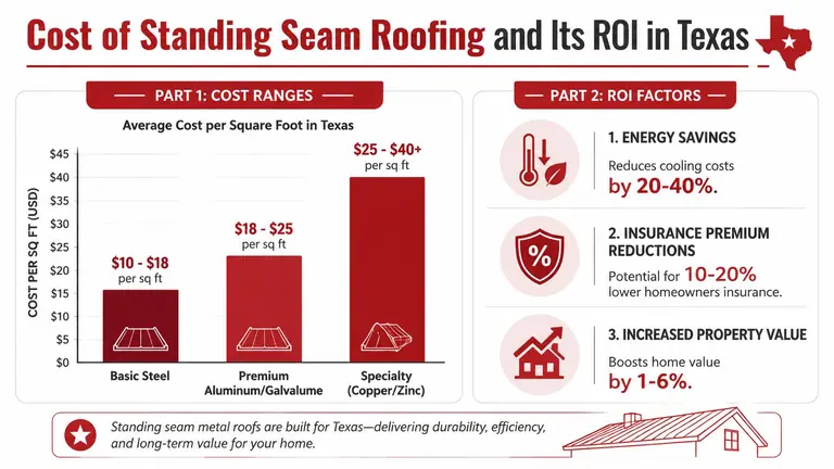 An infographic detailing the average cost ranges and ROI factors for standing seam metal roofing in Texas.