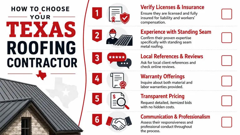 A checklist infographic on how to choose a professional standing seam metal roofing contractor in Texas.