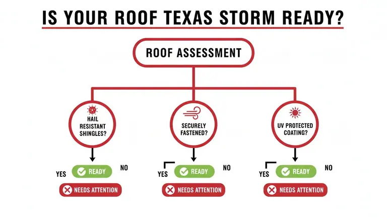 A flowchart assessing if a roof is Texas storm ready, checking for hail resistance, secure fastening, and UV protection.