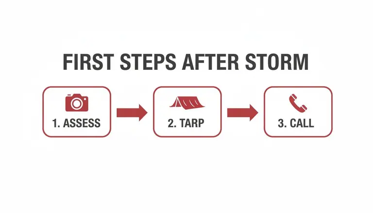 Infographic details three first steps after a storm: assess damage, tarp, and call for help.