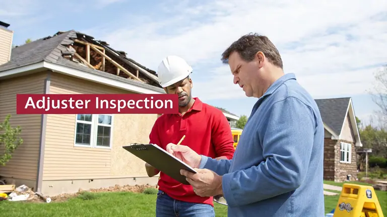 An insurance adjuster and a contractor inspect significant storm damage on a house roof.