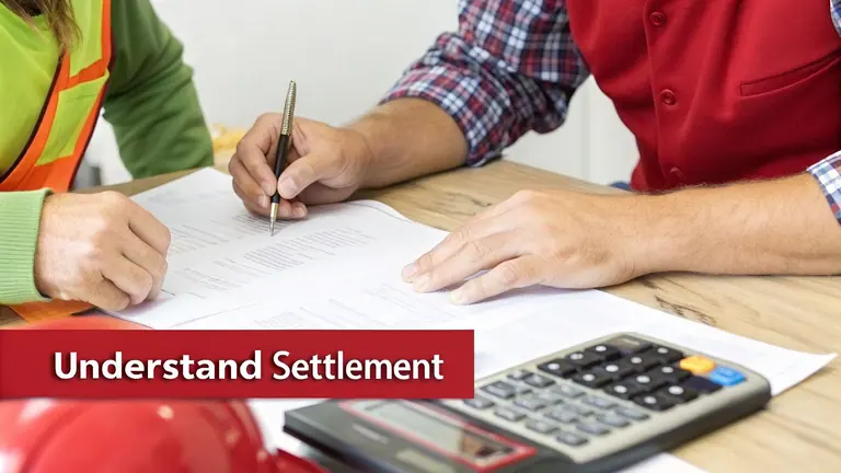 Two people review and sign settlement documents on a desk, with a calculator nearby, indicating a financial agreement.