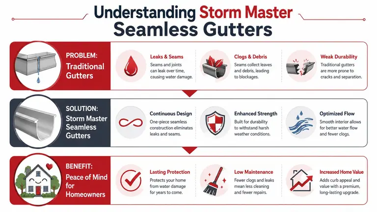 An infographic comparing traditional gutters with Storm Master seamless gutters, highlighting their problems, solutions, and homeowner benefits.