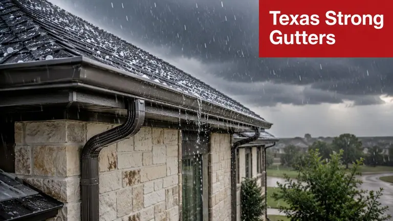 Rain falls on a residential stone house roof with metal gutters during a heavy storm