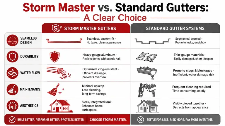A comparison table showcasing the benefits of Storm Master gutters versus standard gutter systems for home protection.