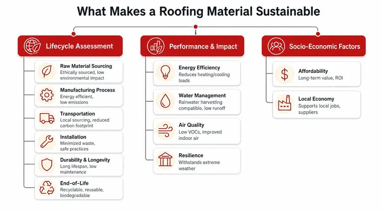 A diagram outlining key criteria for sustainable roofing, including lifecycle assessment, performance, and socio-economic factors.