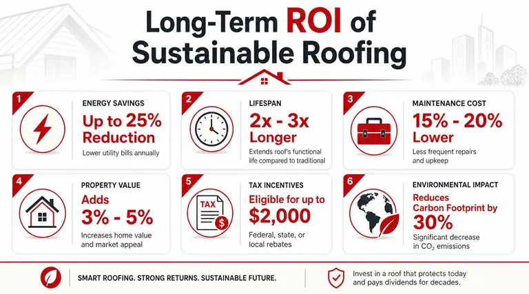 An infographic showing six long-term benefits of installing sustainable roofing, including energy savings and property value increases.