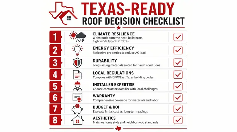 A Texas-Ready roof decision checklist infographic covering eight essential factors for selecting durable residential roofing materials.