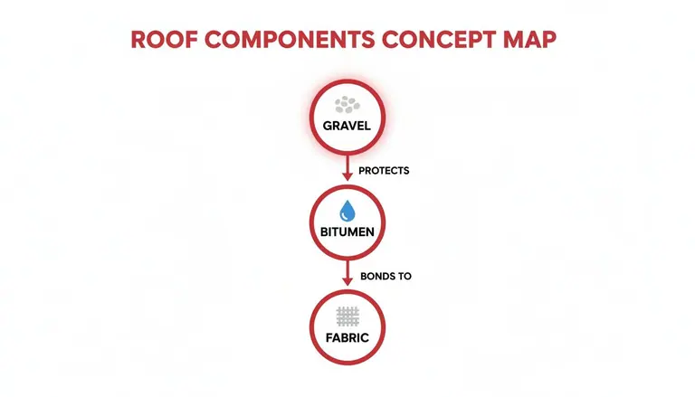 Concept map showing roof layers: gravel protects bitumen, which then bonds to fabric.