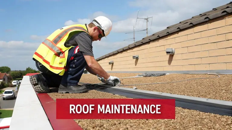 A worker in safety gear performs maintenance on a gravel-covered flat roof under a blue sky.