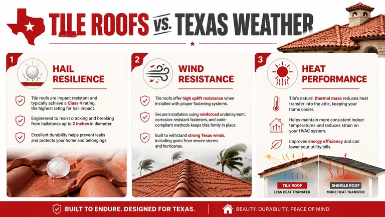 An infographic comparing tile roofs against Texas weather featuring hail, wind resistance, and energy-efficient heat performance benefits.