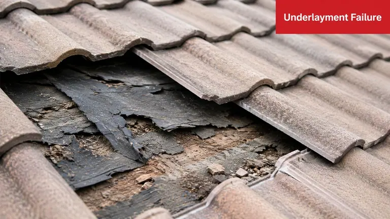 A damaged residential roof with missing tiles revealing deteriorated and crumbling black waterproof underlayment material.