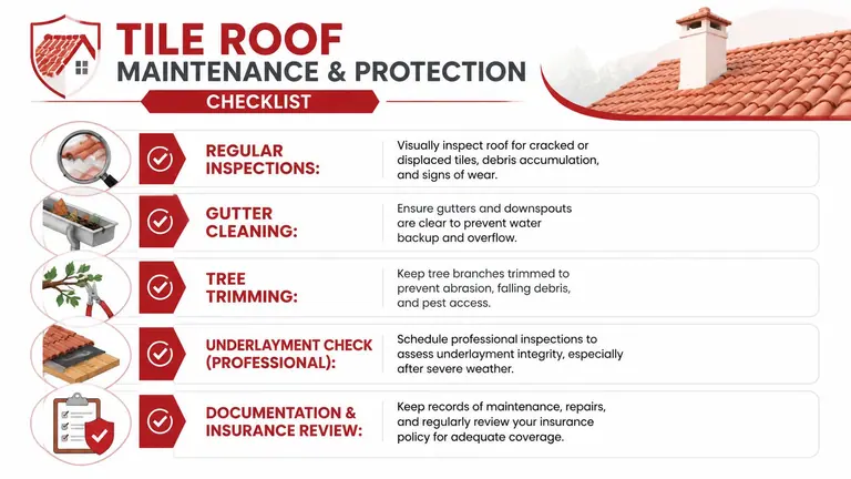 A checklist infographic detailing essential maintenance and protection tips for maintaining residential tile roof systems.