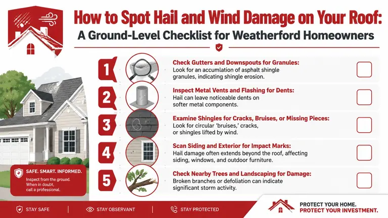 A checklist for Weatherford homeowners showing how to spot hail and wind damage on their roof.