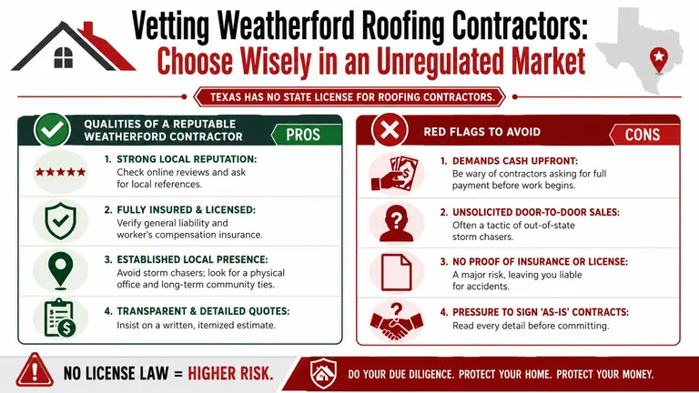 An infographic detailing how to choose a reputable roofing contractor in the unregulated market of Weatherford, Texas.