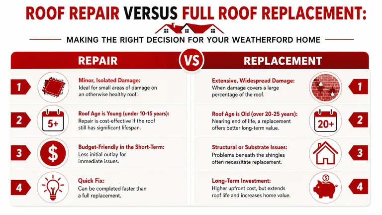 A comparison chart for homeowners deciding between roof repair versus full roof replacement for their property.