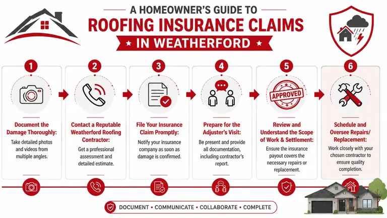 A six-step infographic guide for homeowners in Weatherford to navigate the roofing insurance claims process.