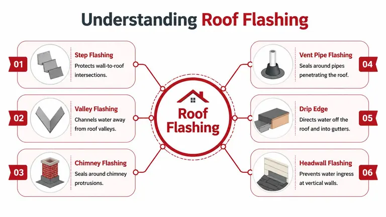An educational infographic illustrating six common types of roof flashing and their specific functions on a house.