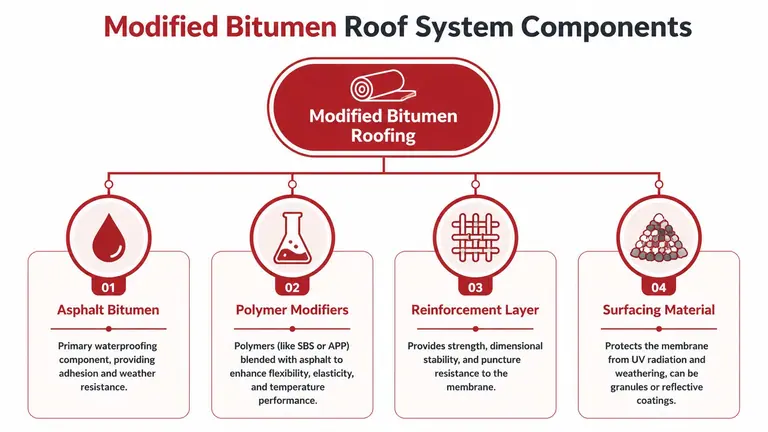 A diagram illustrating the four key components of a modified bitumen roof system including bitumen, modifiers, reinforcement, and surfacing.