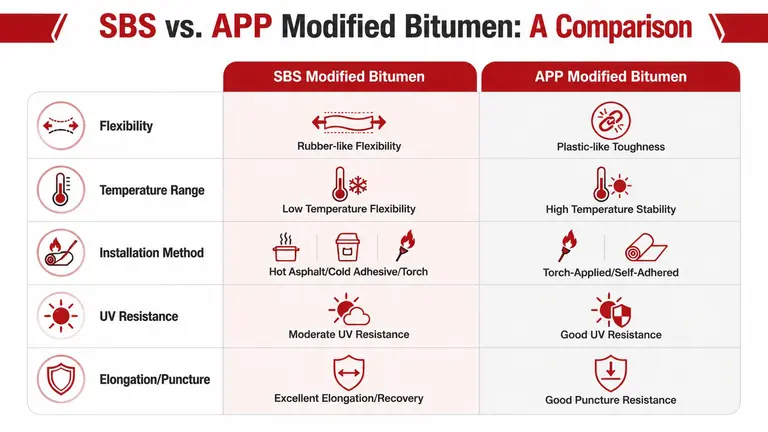 A comparison chart outlining key performance differences between SBS and APP modified bitumen roofing materials.