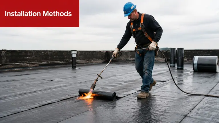 A professional roofer installing modified bitumen roofing material on a flat roof using a gas torch.