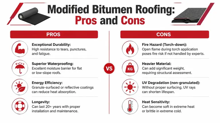 An infographic comparing the pros and cons of modified bitumen roofing for flat or low-slope roofs.